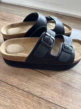 Black Double-Buckle Slide Sandals for Women